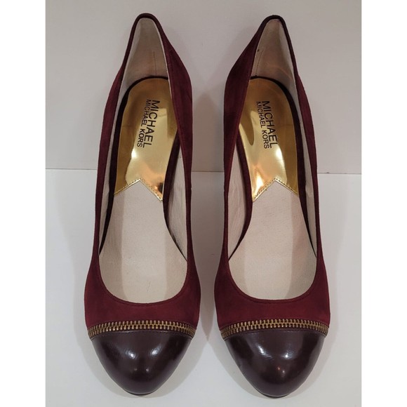 Michael Kors Burgundy Suede Patent Leather Detail Cap Toe Pressley Pump Sz. 9.5M - Picture 2 of 6